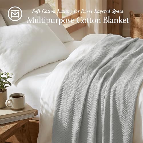 Threadmill Luxury 100% Cotton Queen Herringbone Blanket, Light Grey - color: Light Grey, size: Queen (90" x 92")