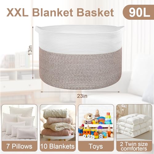 105L Large Blanket Basket Storage with Handles - White & Brown - color: Brown & White, size: 105L