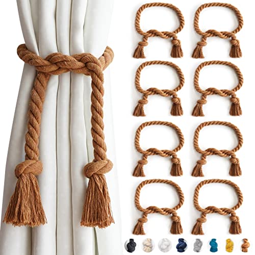 8 Pack Outdoor Curtain Tiebacks Rope, Natural Cotton Curtain Holders, Village Rural Rustic Curtain Holdbacks, Farmhouse Nautical Curtain Rope Tie Back for Drapery Patio, (Coffee) - color: Coffee Rope 8 Pack