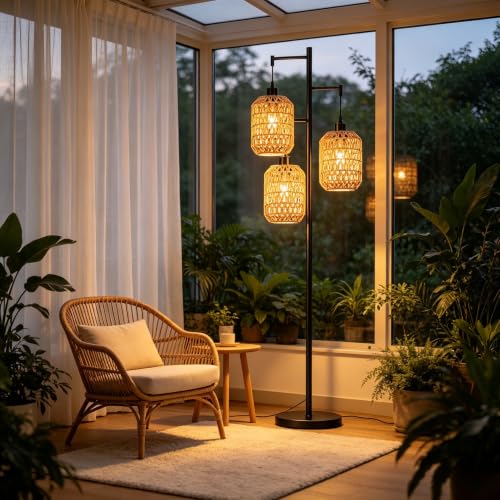 QIYIZM Floor Lamp for Living Room,Bedroom,Boho Rattan Tree 3 Lights Farmhouse Floor Lights,Industrial Black Standing Lamp Wicker Rustic Tall Lamp,Woven Bamboo LampShade Floor Lamps Bohemian - size: Floor Lamp--17