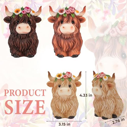 nuvagiki Highland Cow Decor Set of 3, Spring Farmhouse Highland Cow Figurines with Flower Crown, Cow Tiered Tray Decorations for Home Kitchen Table, Rustic Country Shelf Decor, Cow Gifts for Women
