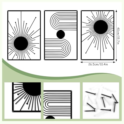 YIYA 3 Pcs Black Metal Wall Art Minimalist Sun Geometric Line Wall Decor, Modern Abstract Boho Wall Sculptures, Hanging Metal Wall Art for Living Room Bedroom Office 15.7" x 10.4"
