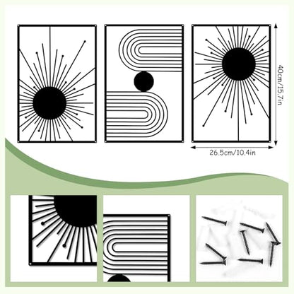 YIYA 3 Pcs Black Metal Wall Art Minimalist Sun Geometric Line Wall Decor, Modern Abstract Boho Wall Sculptures, Hanging Metal Wall Art for Living Room Bedroom Office 15.7" x 10.4"