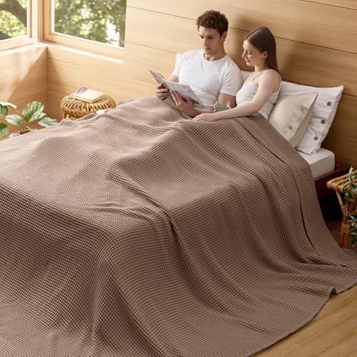 Bedsure Lightweight 100% Cotton Waffle Blanket, 120x94, Coffee Brown - color: Coffee Brown, size: Oversized King (120" X 94")