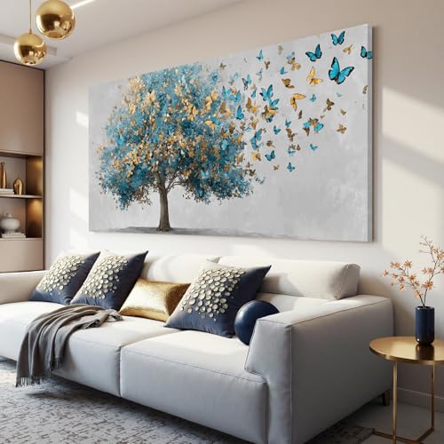 YISXINOAG Tree Of Life Gold Butterfly Canvas Wall Art Decor For Living Room - color: grey green, size: 58"L x 29"W