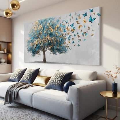 YISXINOAG Blue Gold Tree of Life Wall Art Butterfly Landscape Print 20"X40" - color: grey green, size: 40"L x 20"W