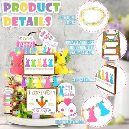 Menkxi 15 Pcs Easter Spring Tiered Tray Decor Set Bunny Wooden Table Sign Easter Tiered Tray Decorations Farmhouse Tabletop Sign for Home Kitchen(Bunny) - style: Bunny