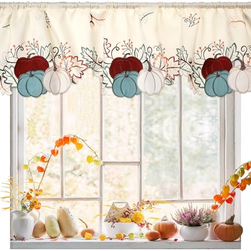 Breling Embroidered Fall Kitchen Curtain Valance for Thanksgiving - style: Pumpkin
