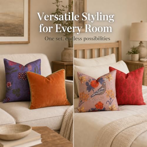 Embroidered Bold Patterned Throw Pillow Covers, 4 Pack Set, 18x18 Inch Floral Printed Modern Accent Pillow Covers - color: Floral