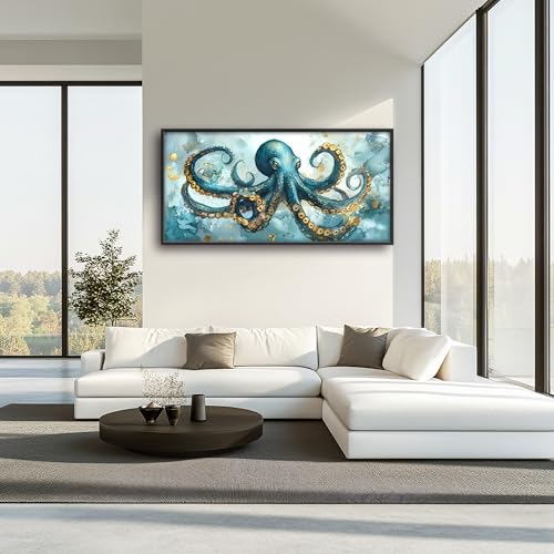 Octopus Large Decor Framed Wall Art Blue and Gold Pictures for Living Room, Ocean Nautical Oversized Canvas Print Painting Modern Extra Large Framed Artwork for Bedroom Office Home Decor 60"x30" - color: Blue Octopus, size: 60"L x 30"W