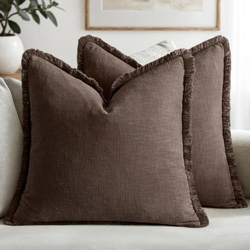 MIULEE Boho Linen Fringe Decorative Fall Pillow Covers Reddish Brown 16x16 - color: Reddish Brown, size: 16" x 16" (Pack of 2)