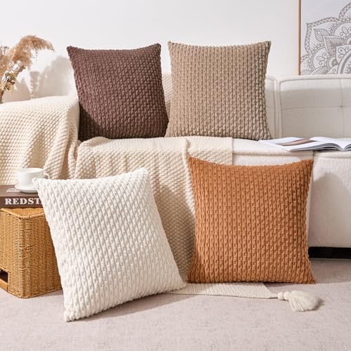 Kevin Textile Decorative Pillow Covers 18x18 Inch Set of 4 Soft Boho Corduroy Throw Pillow Cases Mix and Match Colors Plush Texture Throw Pillows for Sofa Couch Bedroom Home Decor Neutral Brown - color: Cream Chocolate, size: 18" x 18" (Pack of 4)