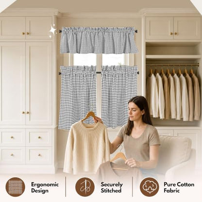 Native Fab Gingham Plaid Check 3 Pieces Window Curtain Tiers 26"x36" and Valance 54"x18" Set - Rod Pocket - Semi Sheer - Farmhouse Short Curtain for Kitchen, Bedroom, Bathroom - Grey and White - color: Grey White