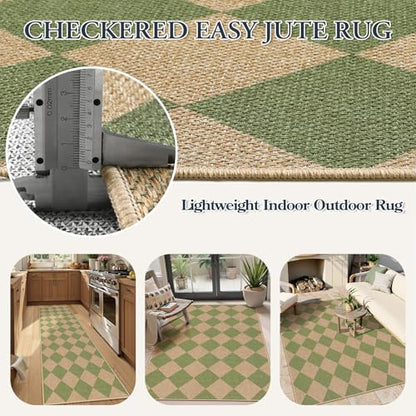 Lahome Checkered Easy Jute Hallway Runner Rug, 2x8 Outdoor Rugs Washable - color: Sage Green/Nature-2, size: 2'6" x 8' (Runner)