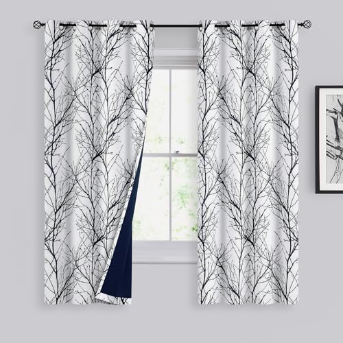 FMFUNCTEX 100% Blackout Black Grey Tree Branch Curtains 63 Inch 2 Panels - color: Grommet | Black, size: 52"W x 63"L (Pack of 2)