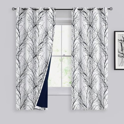 FMFUNCTEX 100% Blackout Black Grey Tree Branch Curtains 63 Inch 2 Panels - color: Grommet | Black, size: 52"W x 63"L (Pack of 2)