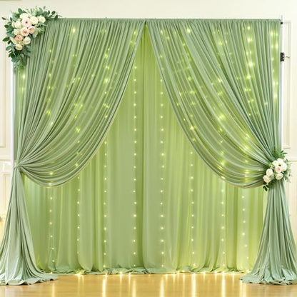 10 x 10 Sage Green Backdrop Curtain with Lights String for Party - color: Sage Green, size: W5' x H10'(2 panels)