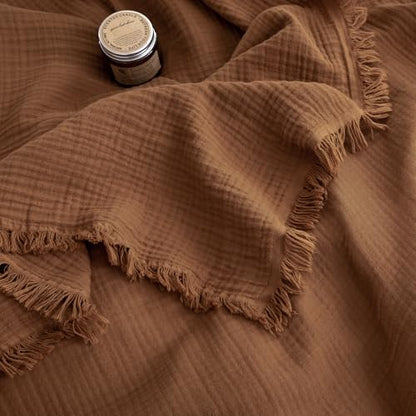 FOSSA Muslin Blanket 4-Layer 100% Cotton Gauze Blanket with Fringe 50"x70" - color: Dark Orange, size: Throw XL (50" × 70")