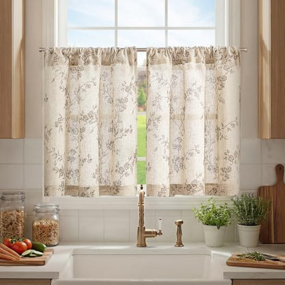 jinchan Floral Linen Kitchen Tier Curtains, 30 Inch, 2 Panels, Taupe - color: Alisa Taupe, size: 26"W x 30"L (Pack of 2)