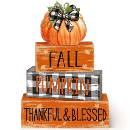 4 Pcs Fall Decor for Home Buffalo Plaid Pumpkin Wooden Signs with Blessed - style: Grid Pumpkin