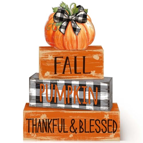 4 Pcs Fall Decor for Home Buffalo Plaid Pumpkin Wooden Signs with Blessed - style: Grid Pumpkin