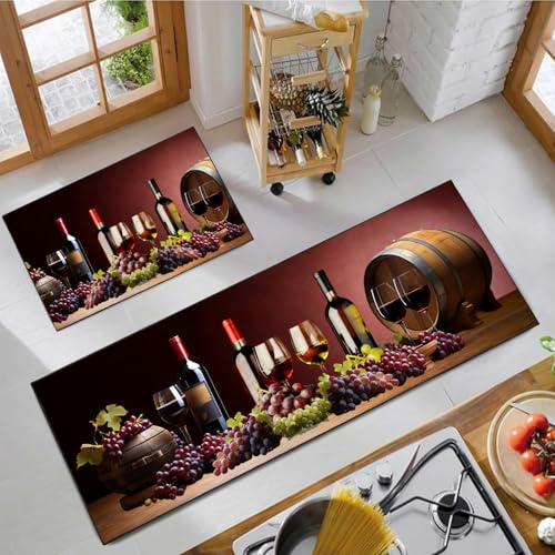 Red Wine Kitchen Decor Rug Set of 2,Country Farmhouse Style Kitchen Floor Mat,Absorbent and Washable Runner Rug, 17x30+17x47 Inches - color: Red Wine