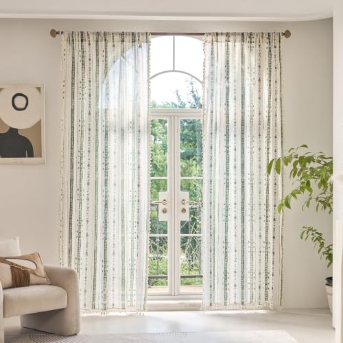Green Boho Curtains for Living Room with Tassel 63 Inch 2 Panels - color: T-green, size: 52"W x 63"L (Pack of 2)