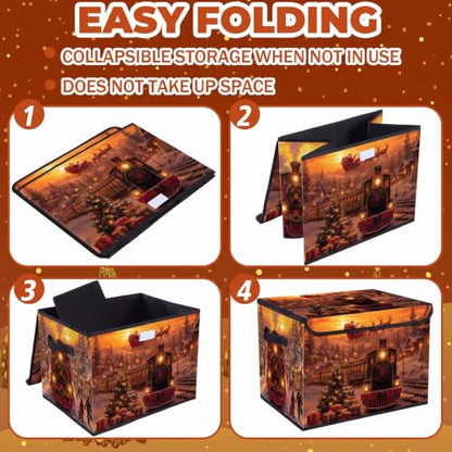 Briwooody Christmas Storage Bin with Lid and Carrying Handle Christmas Train Foldable Storage Box Large Xmas Snowy Night Decorative Collapsible Container Basket for Organizing Closet Home Bedroom - style: Christmas Train