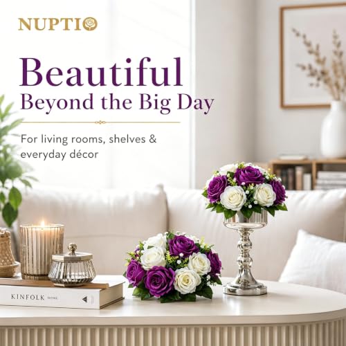 NUPTIO Flower Balls Centerpieces for Tables: Purple & White Fake Roses - color: Purple & White, size: 2 Pcs