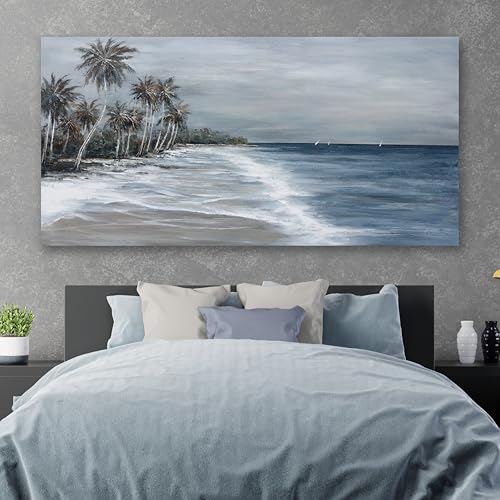 Coastal Wall Art Blue Gray Beach Wall Decor Landscape Abstract Canvas Painting Modern Ocean Artwork Framed for Living Room Bedroom Bathroom Office Decor 58"x29"Can Be Hung Directly - color: Blue Gray, size: 58"L x 29"W