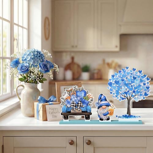 Smile Father's Day Wooden Table Decor Blue Heart Tree Beer Truck Gnome with Beer Desktop Decorations for Home Office Shelf Gift for Dad Husband Grandpa - style: Tree Dad