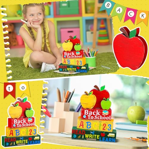 Geelin 4 Pcs Back to School Wooden Table Decor Apple Tiered Tray Decor - style: Apple