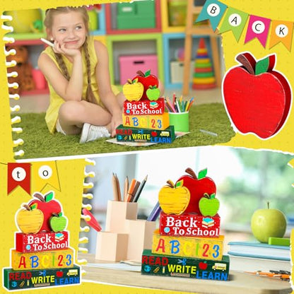 Geelin 4 Pcs Back to School Wooden Table Decor Apple Tiered Tray Decor - style: Apple
