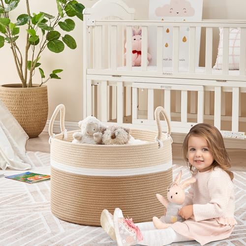 KAKAMAY Large Blanket Basket with Handles, Storage Basket for Living Room - color: White and Brown