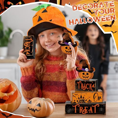 4 Pcs Halloween Table Decor Pumpkin Hat Wooden Sign for Home - style: Witch Pumpkin