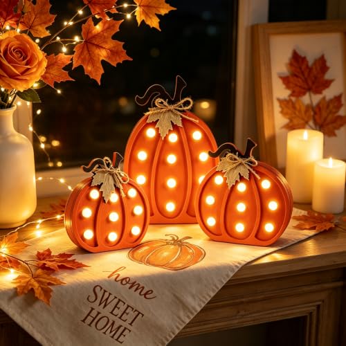 Fangoo 3Pcs Wooden Fall Pumpkins Light Up Table Centerpieces Decor