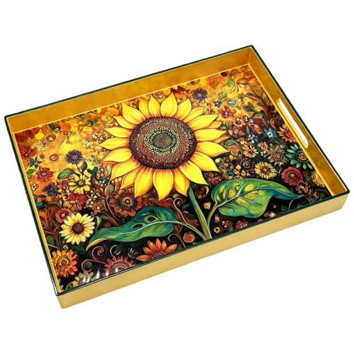 Serving Tray with Handles, 15.7 * 11.8 inches, Plastic Ottoman Tray with Exquisite Paintings, Trays for Coffee Table - color: Golden Sunflower