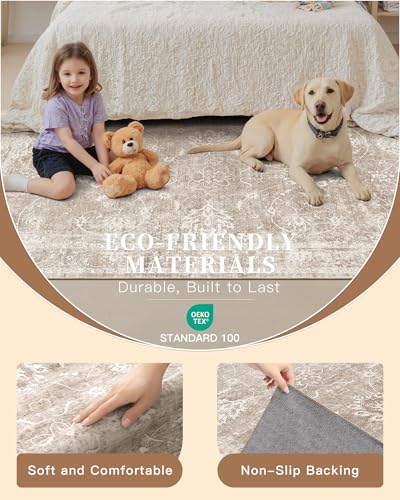 Madane Washable Round Rug 9ft for Living Room, Soft Natural Rug Brown/Sand - color: Brown/Sand, size: 9' (Round)