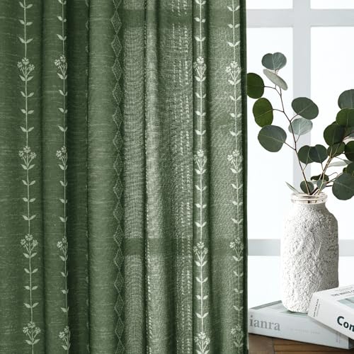Olive Green Linen Sheer Boho Patterned Curtains 63 Inches Long for Living Room 2 Panels Set - color: Olive Green, size: 50"W x 63"L (Pack of 2)