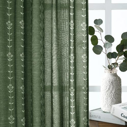 Olive Green Linen Sheer Boho Patterned Curtains 63 Inches Long for Living Room 2 Panels Set - color: Olive Green, size: 50"W x 63"L (Pack of 2)