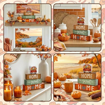 Cinnvoice 4 Pcs Fall Truck Pumpkin Wooden Block Decor Farmhouse Tiered Tray - style: Fall Pumpkin