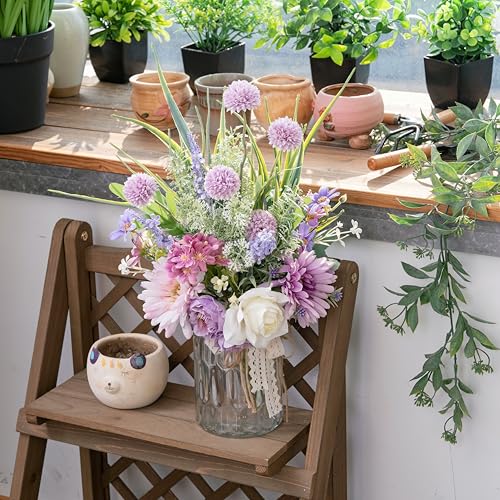 Artificial Faux Flowers in Vase-Fake Purple Transvaal Daisy and Dandelion - color: Purple & White