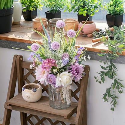 Artificial Faux Flowers in Vase-Fake Purple Transvaal Daisy and Dandelion - color: Purple & White