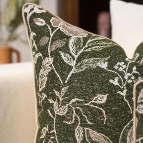 Green Floral Textured Throw Pillow Cover 20x20 Fall Vintage Rust Pillow Cover Farmhouse Summer Leaf Cushion Cover Chenille Neutral Flower Pillowcase Home Decor for Sofa Living Room Bedding - color: Green, size: 20" x 20" (Pack of 1)