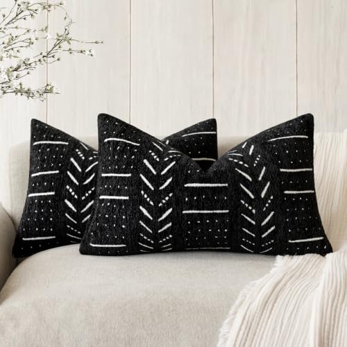 Foindtower Set of 2 Decorative Chenille Jacquard Throw Pillow Covers Textured Farmhouse Lumbar Cushion Covers Neutral Boho Accent Home Decor for Sofa Chair Couch Bedroom Living Room,12×20 Inch,Black - color: Black, size: 20" x 12" (Pack of 2)