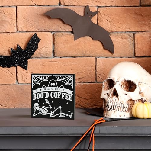 Smile Halloween Wood Box Sign, Skull Faux Books, Boo Coffee Table Decor for Desk Shelf Bar Kitchen 5 x 5 x 0.7Inches