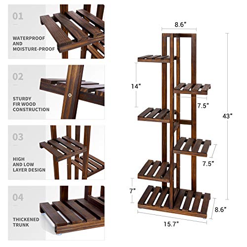 Mkono Wood Plant Stand 6 Tier 7 Potted Plant Shelf Indoor Outdoor Tall Multi-tiered Flower Pot Holder Modern Ladder Storage Rack Display Planter for Patio Garden Corner Balcony Living Room, Brown