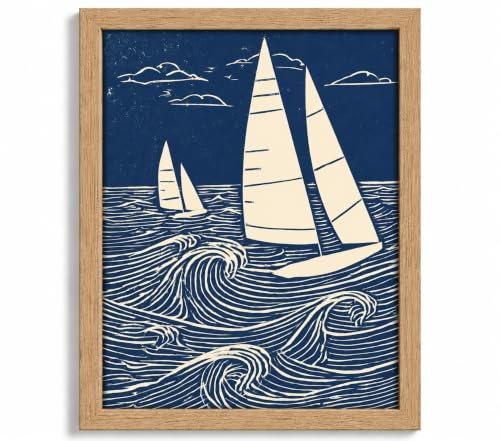DULASI Framed Sailboat Wall Art, Japanese Blue Ocean Canvas Prints, 8x10in - color: Blue Sailboat, size: 8x10in
