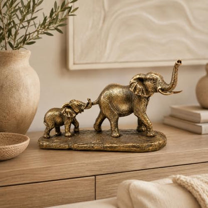 Comfy Hour 11" Bronze Elephant Figurine, Mom and Baby, Trunk Up Statue - size: 11