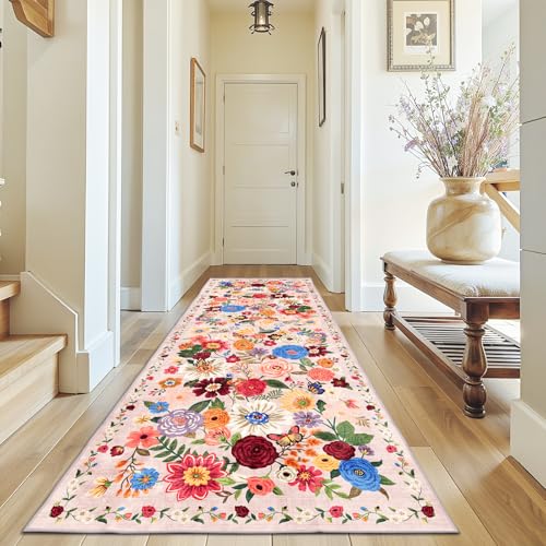 Blush Floral Hallway Runner Rug 3x7 for Bedroom Kitchen - color: Blush Beige, size: 3' x 7' (Rectangular)